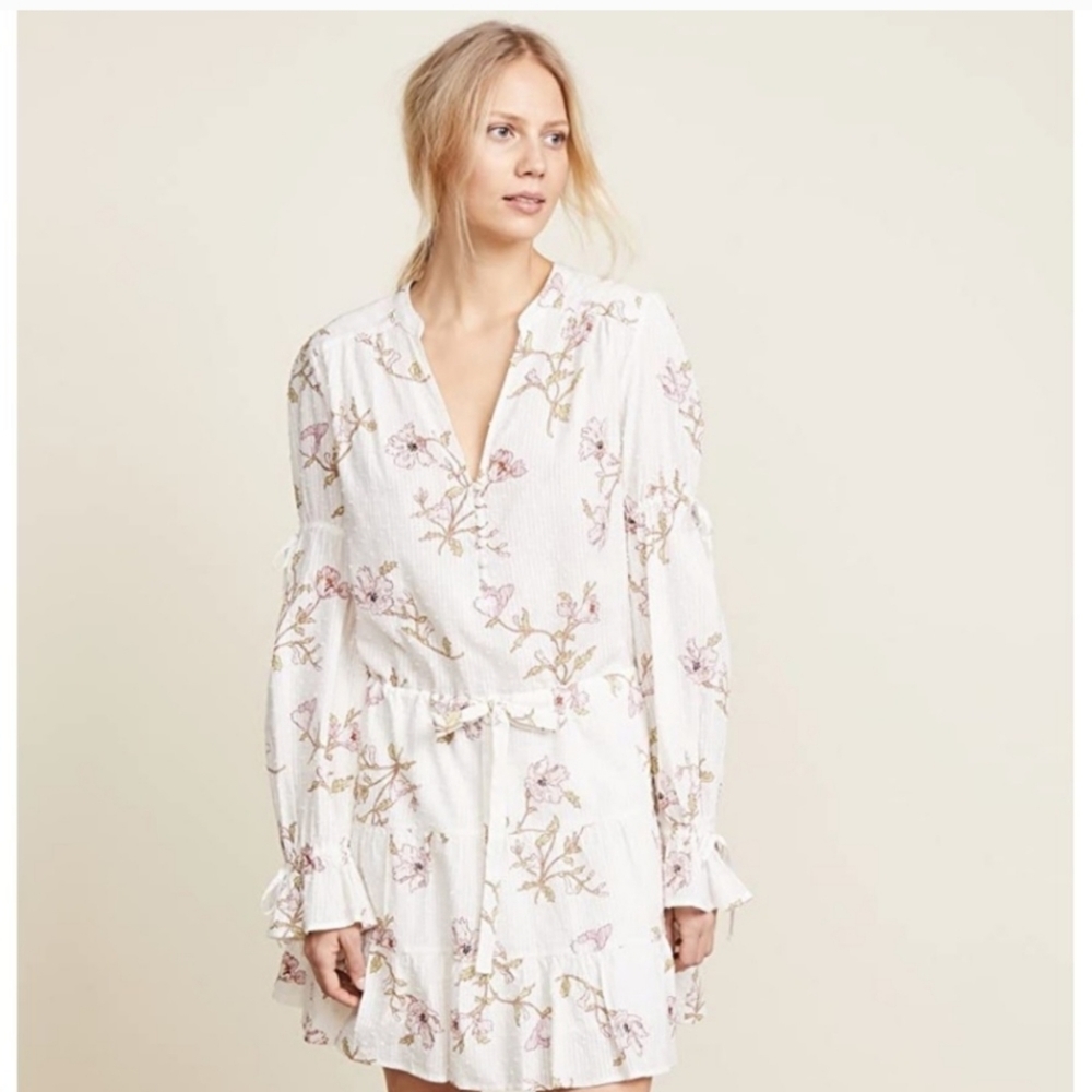 Paige Yardley White Poppy Floral Cotton Longsleeve Mini Dress Size Small